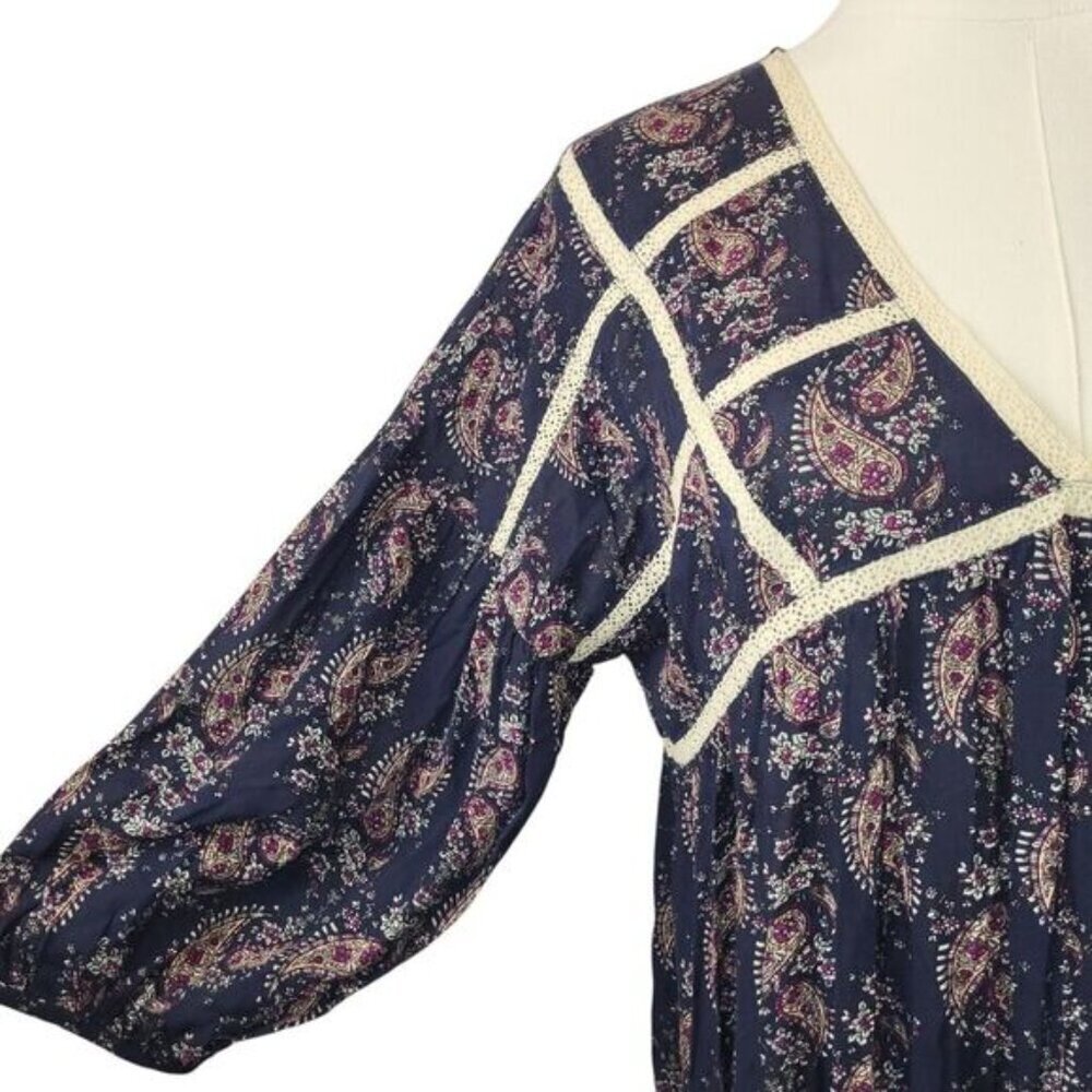 POL NEW Small Maxi Dress Cotton Blue Red Paisley Crochet Trim Vintage BOHO Style - Picture 12 of 16